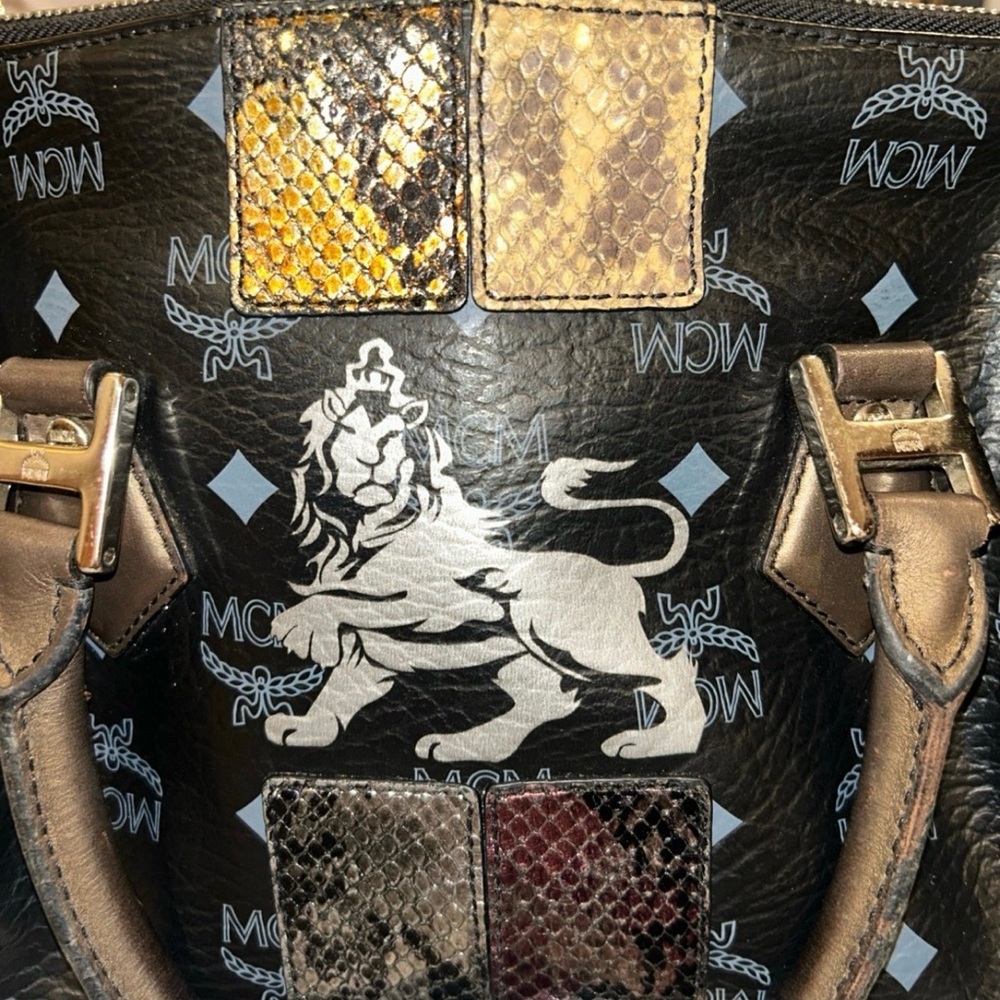 MCM Black and Brown Lion Motif Bag